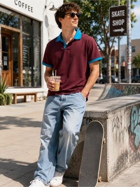 Bluenotes Polo Men’s Large Burgundy  ‎ Blue Constrast Collar 100% Cotton